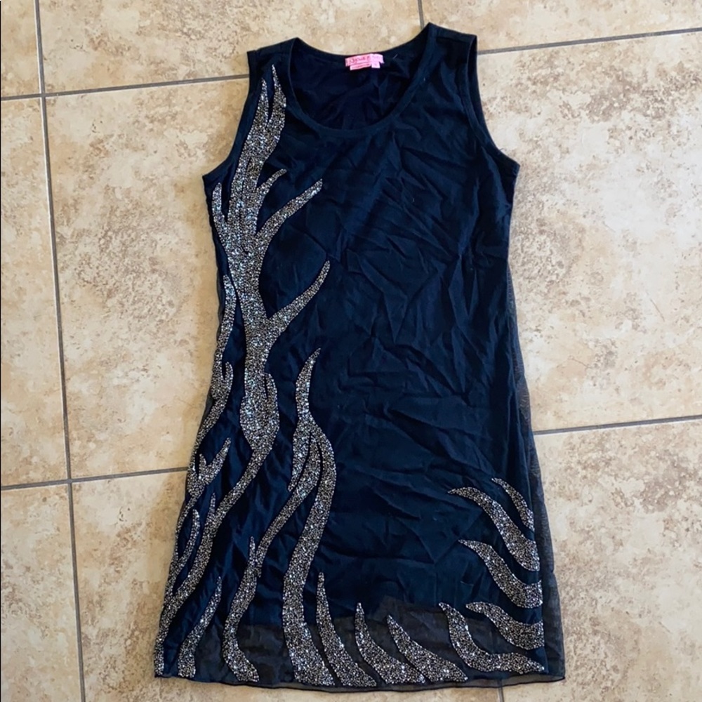 Embroidered Black Dress w Mesh Overlay